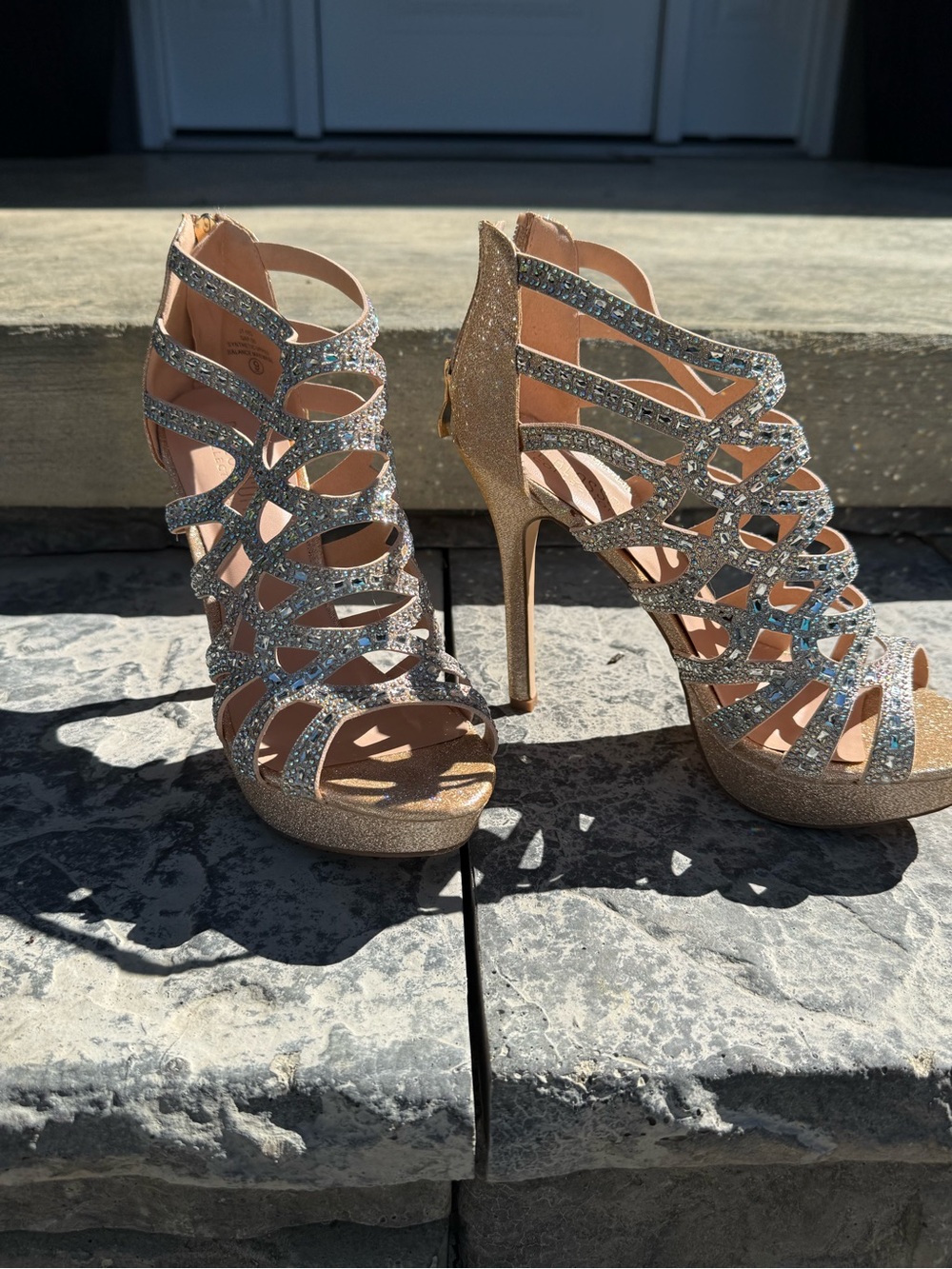 De Blossom Collection Gold Glitter Rhinestone Strappy High Heel Sandals